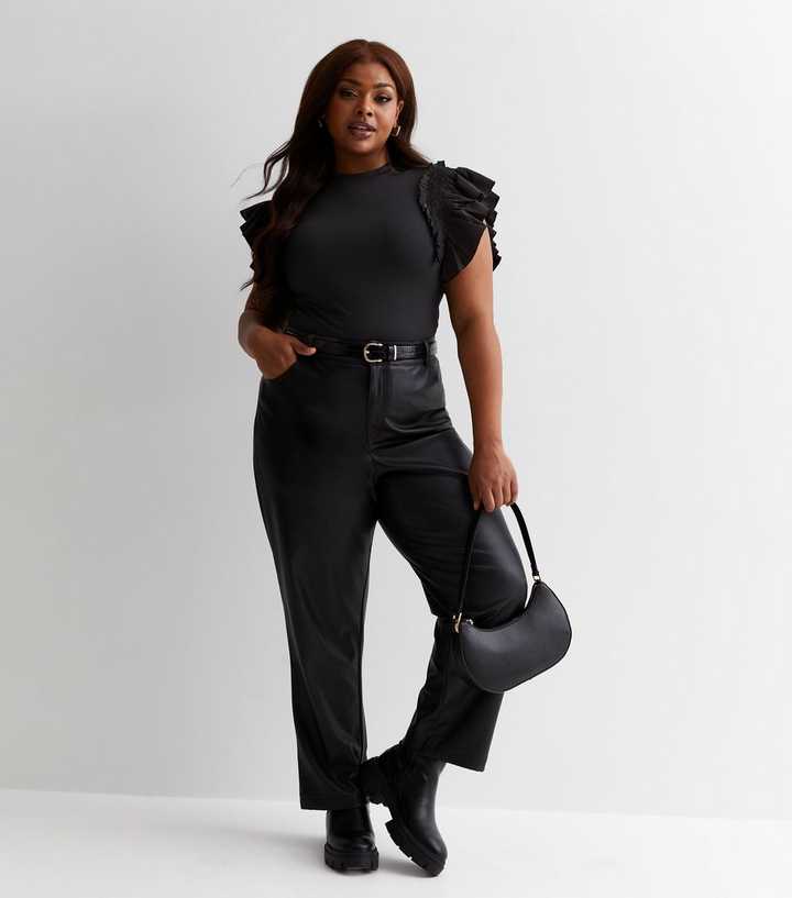 Black Jersey Poplin Frill Sleeve Bodysuit