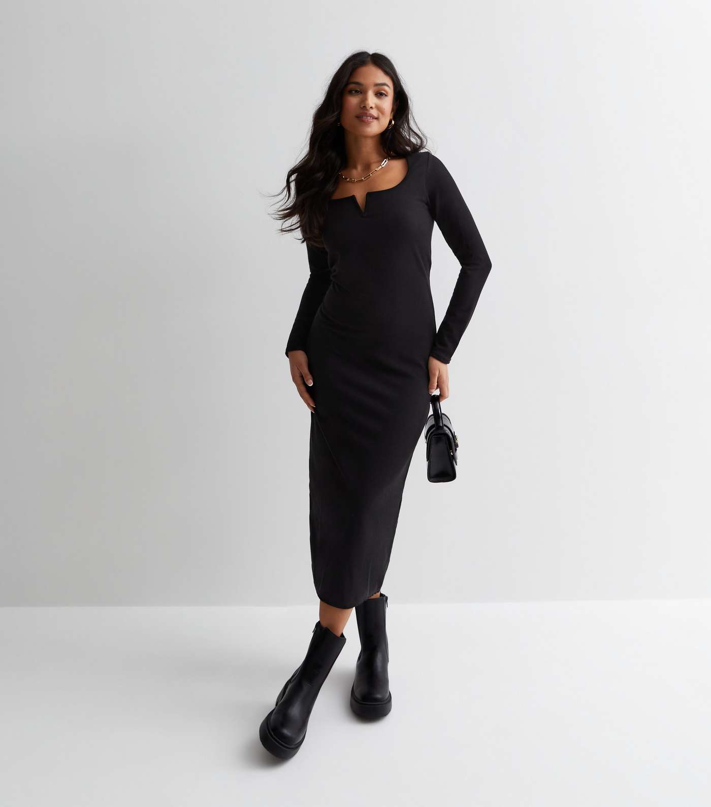 Petite Black Ribbed Jersey Long Sleeve Midi Dress Image 3