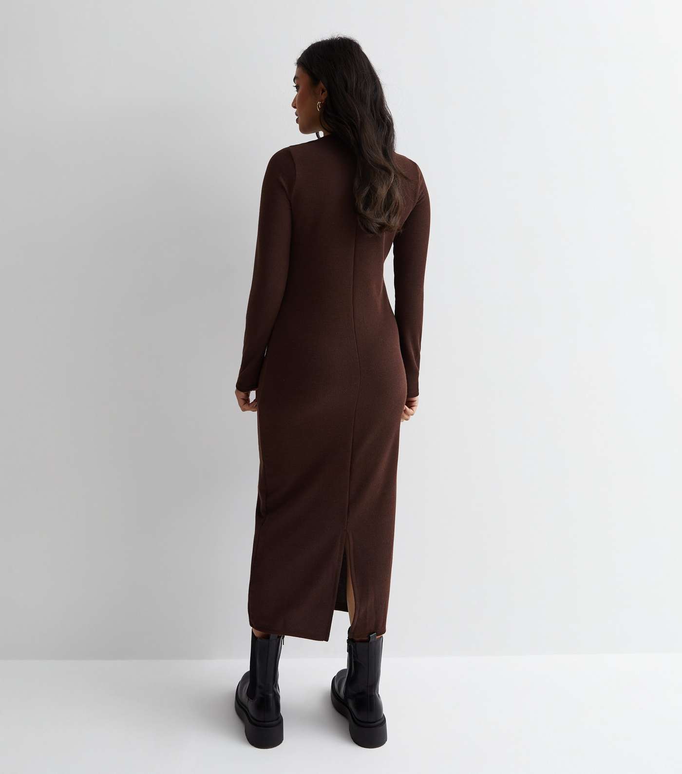 Petite Dark Brown Ribbed Jersey Long Sleeve Midaxi Dress Image 4