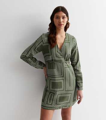 Tall Green Geometric Print Buckle Wrap Mini Dress