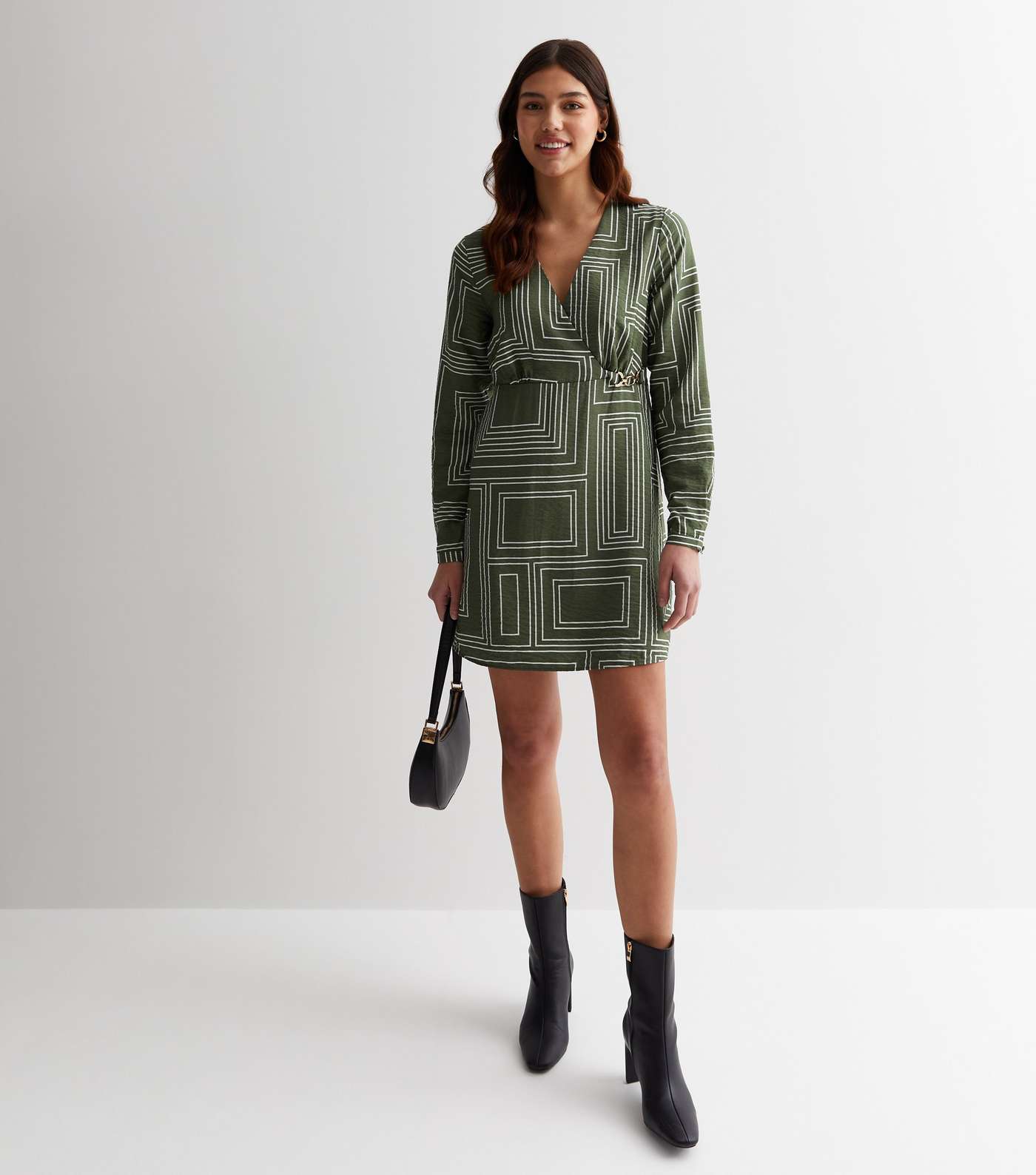 Tall Green Geometric Print Buckle Wrap Mini Dress Image 3