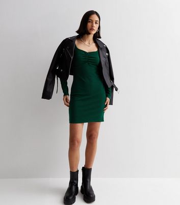 Dark Green Ribbed Ruched Front Bodycon Mini Dress New Look