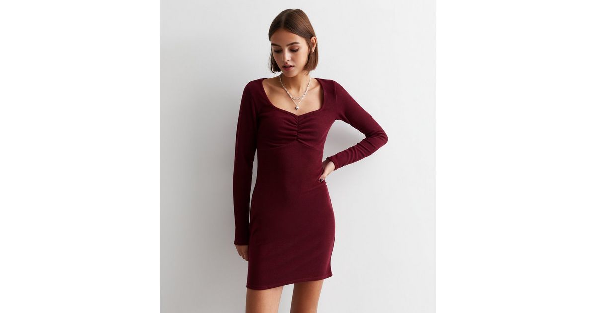 Burgundy Ribbed Ruched Front Bodycon Mini Dress | New Look