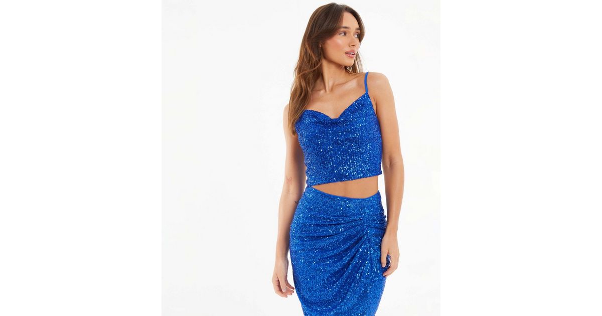 QUIZ Blue Sequin Cowl Neck Crop Top | New Look