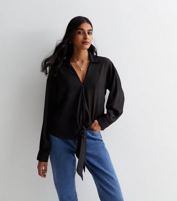 Black Jacquard Tie Front Shirt | New Look