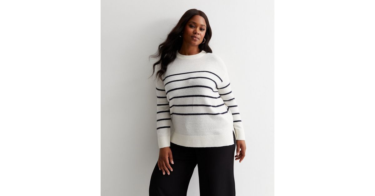 Curves White Stripe Knit Crew Neck Jumper | New Look