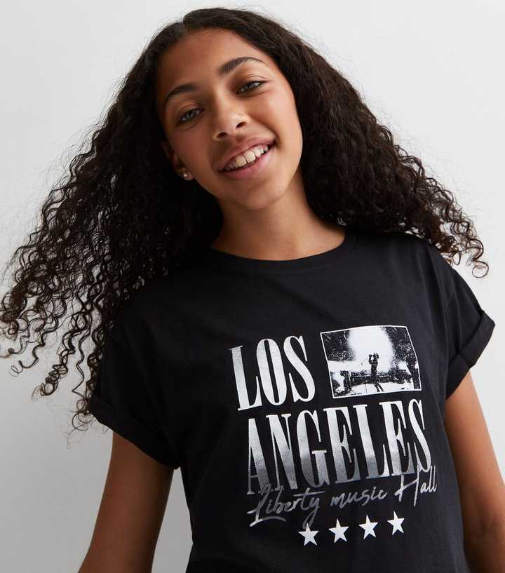 Girls Black Cotton Los Angeles Photographic Logo T-Shirt