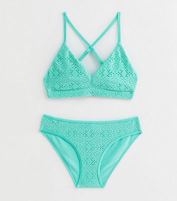 Girls Turquoise Crochet Triangle Bikini Set New Look