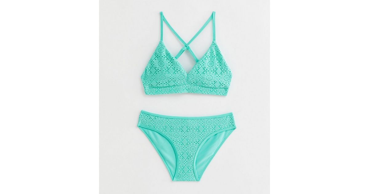 Girls Turquoise Crochet Triangle Bikini Set New Look