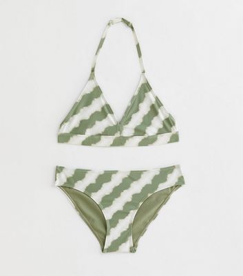 Girls Green Tie Dye Stripe Triangle Bikini Set New Look