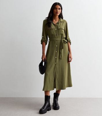 Cameo Rose Khaki Belted Utility Midaxi Shirt Dress | New Look