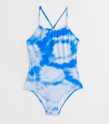 Girls Blue Tie Dye Scoop Swimsuit New Look