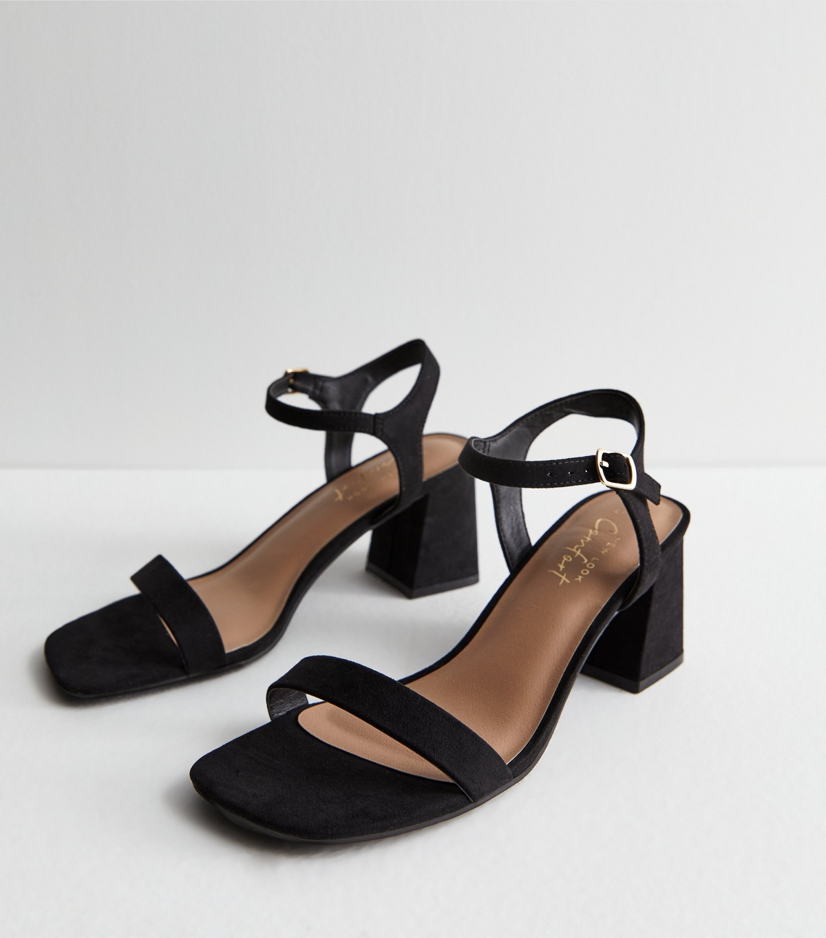 Women's Black Suedette 2 Part Block Heel Sandals Vegan New Look