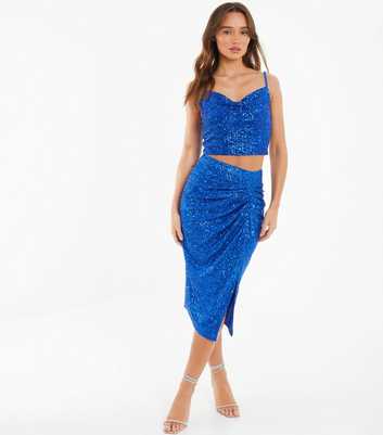 QUIZ Bright Blue Sequin Split Front Midi Skirt