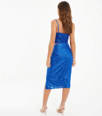 QUIZ Bright Blue Sequin Split Front Midi Skirt New Look