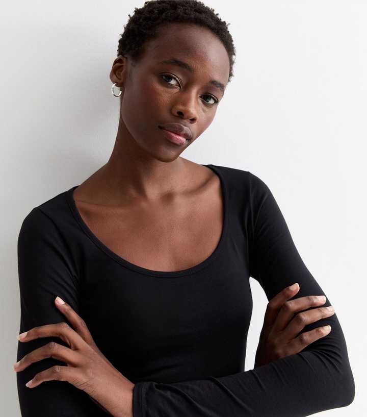 Women's Black Scoop Neck Long Sleeve Bodysuit