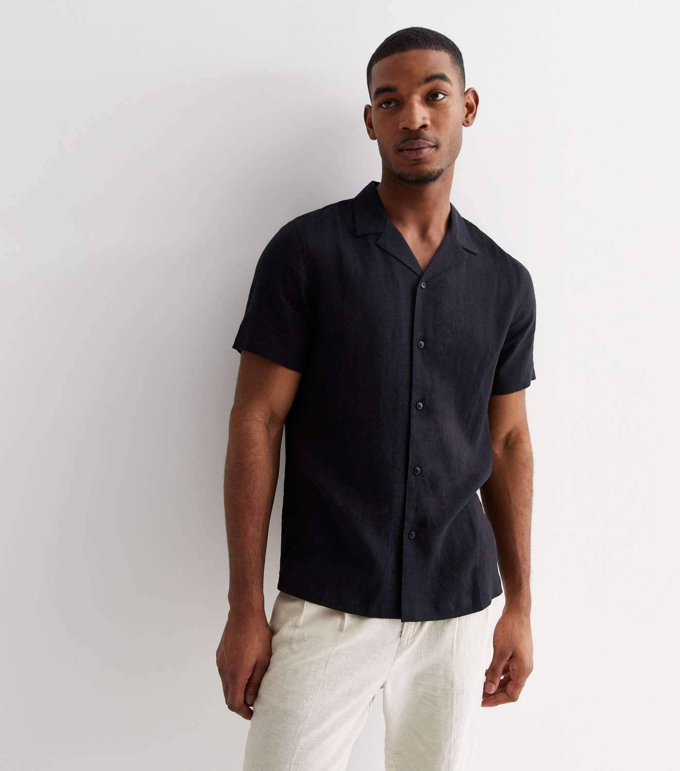 Black Linen Blend Short Sleeve Shirt Image 2