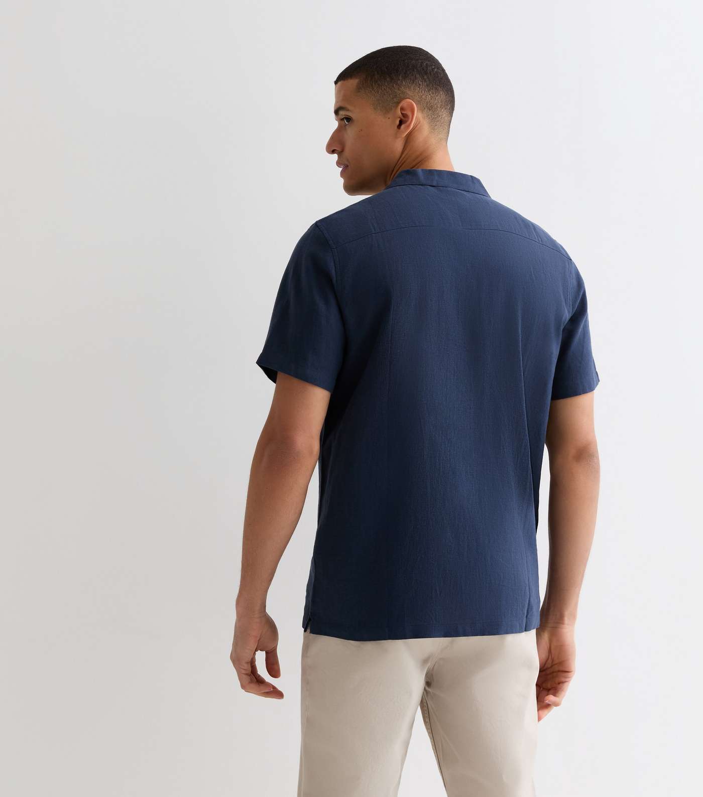 Navy Linen Blend Short Sleeve Shirt Image 4
