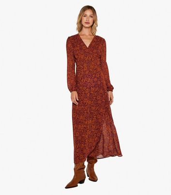 Apricot Rust Floral Long Sleeve Wrap Midaxi Dress New Look