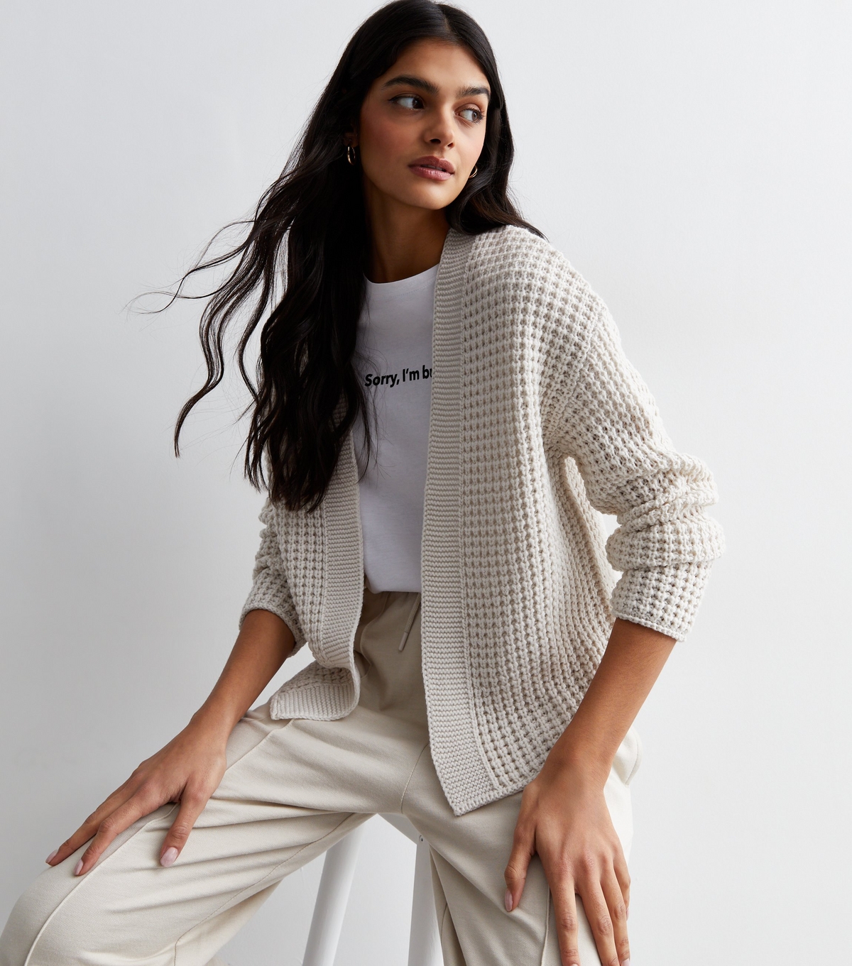 Women's Off White Stitch Knit Cardigan New Look