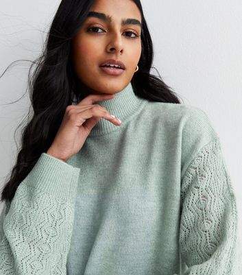 Light Green Pointelle Knit High Neck Jumper | New Look