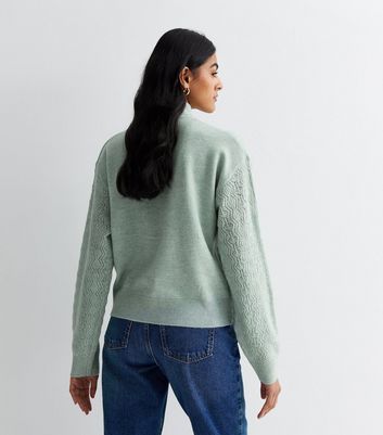 Light Green Pointelle Knit High Neck Jumper | New Look