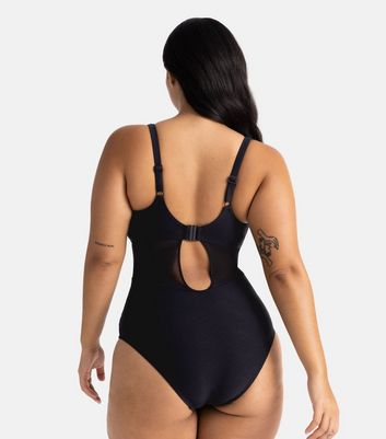 Dorina Curves Black Mesh Plunge Shaping Swimsuit New Look