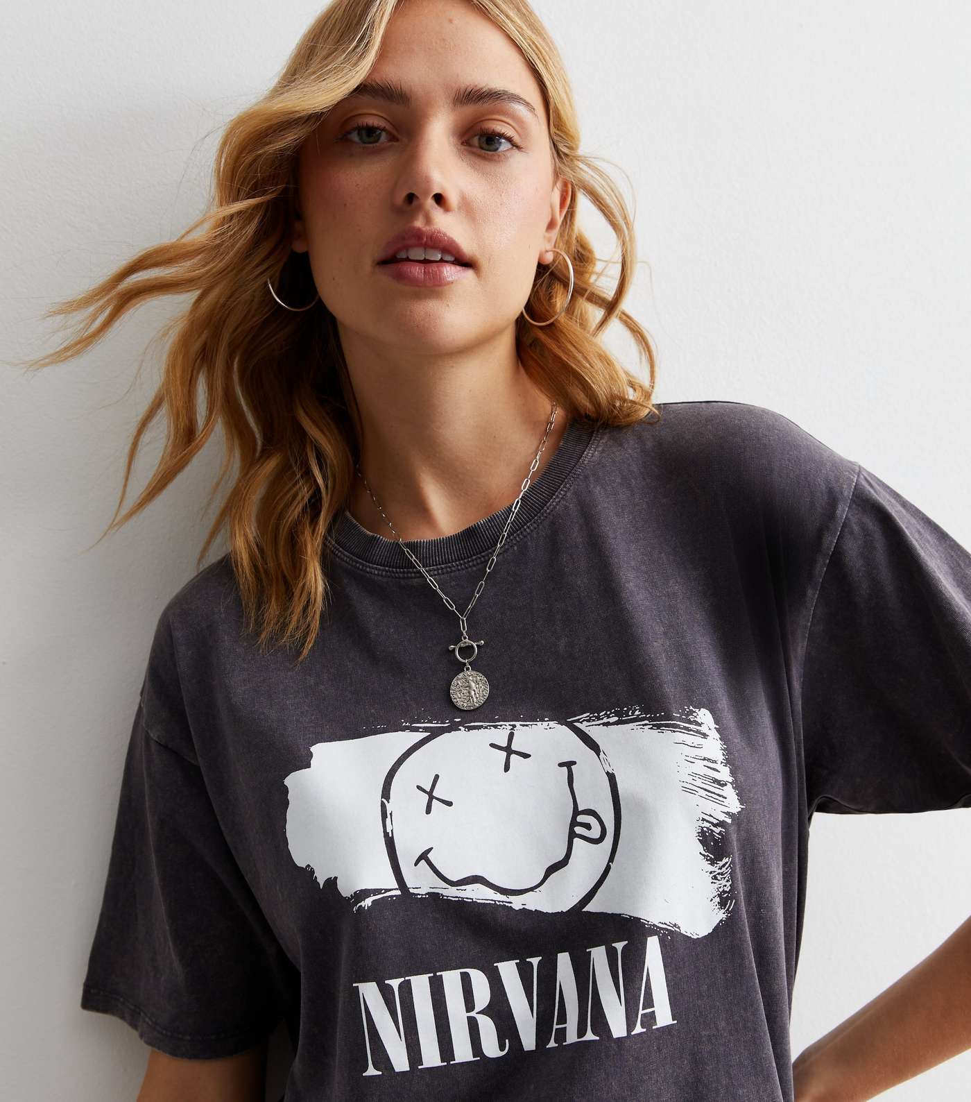 Dark Grey Acid Wash Cotton Nirvana Logo Oversized T-Shirt Image 2