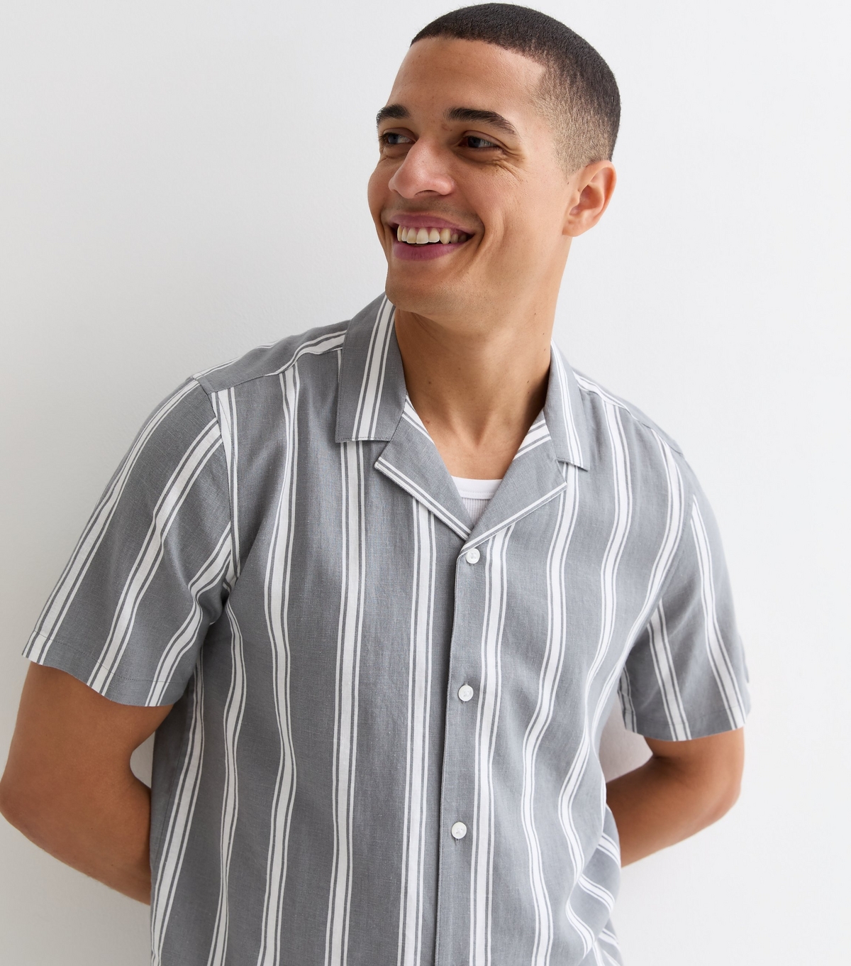Men's Dark Grey Linen Blend Stripe Short Sleeve Shirt New Look