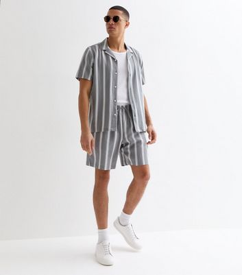 Men's Dark Grey Linen Blend Stripe Short Sleeve Shirt New Look