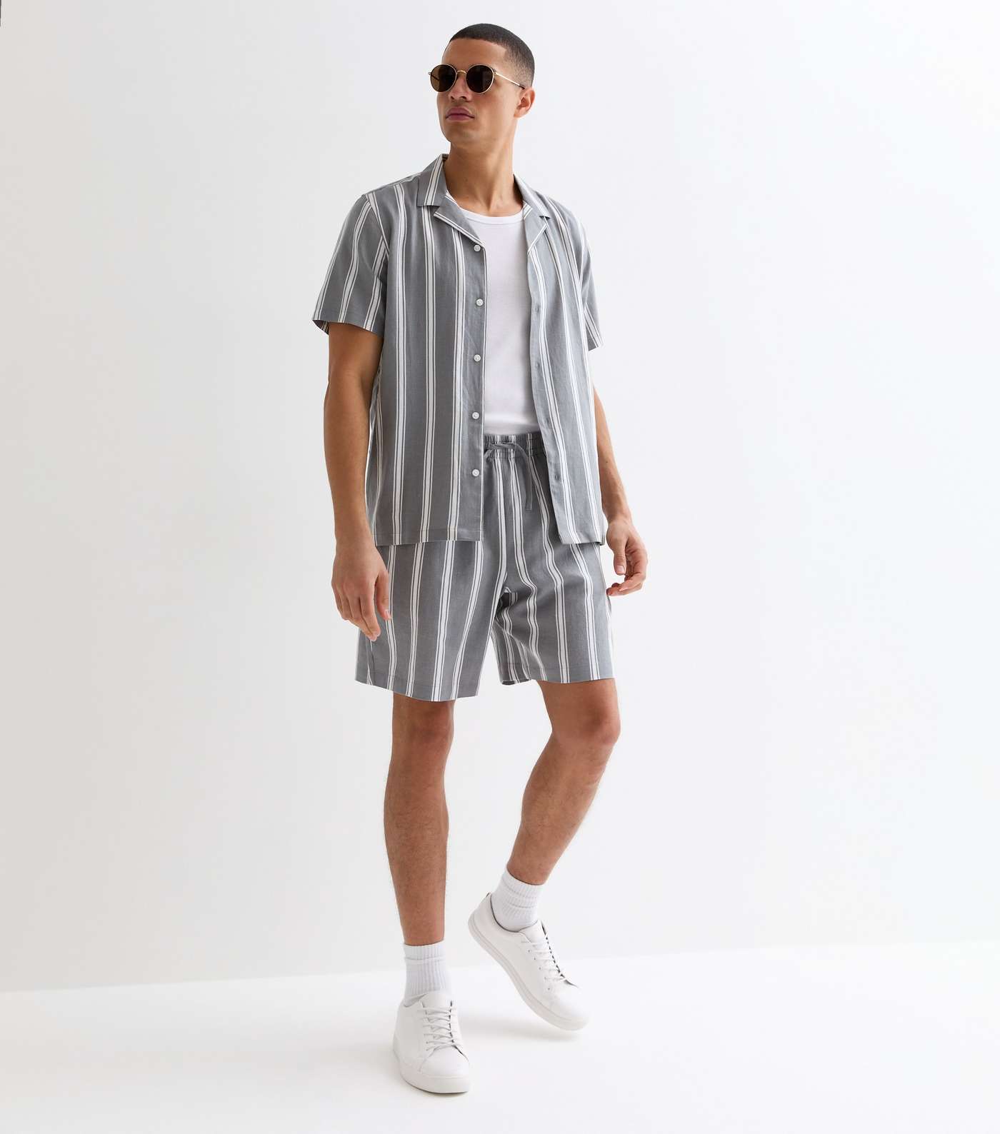 Dark Grey Linen Blend Stripe Short Sleeve Shirt Image 3