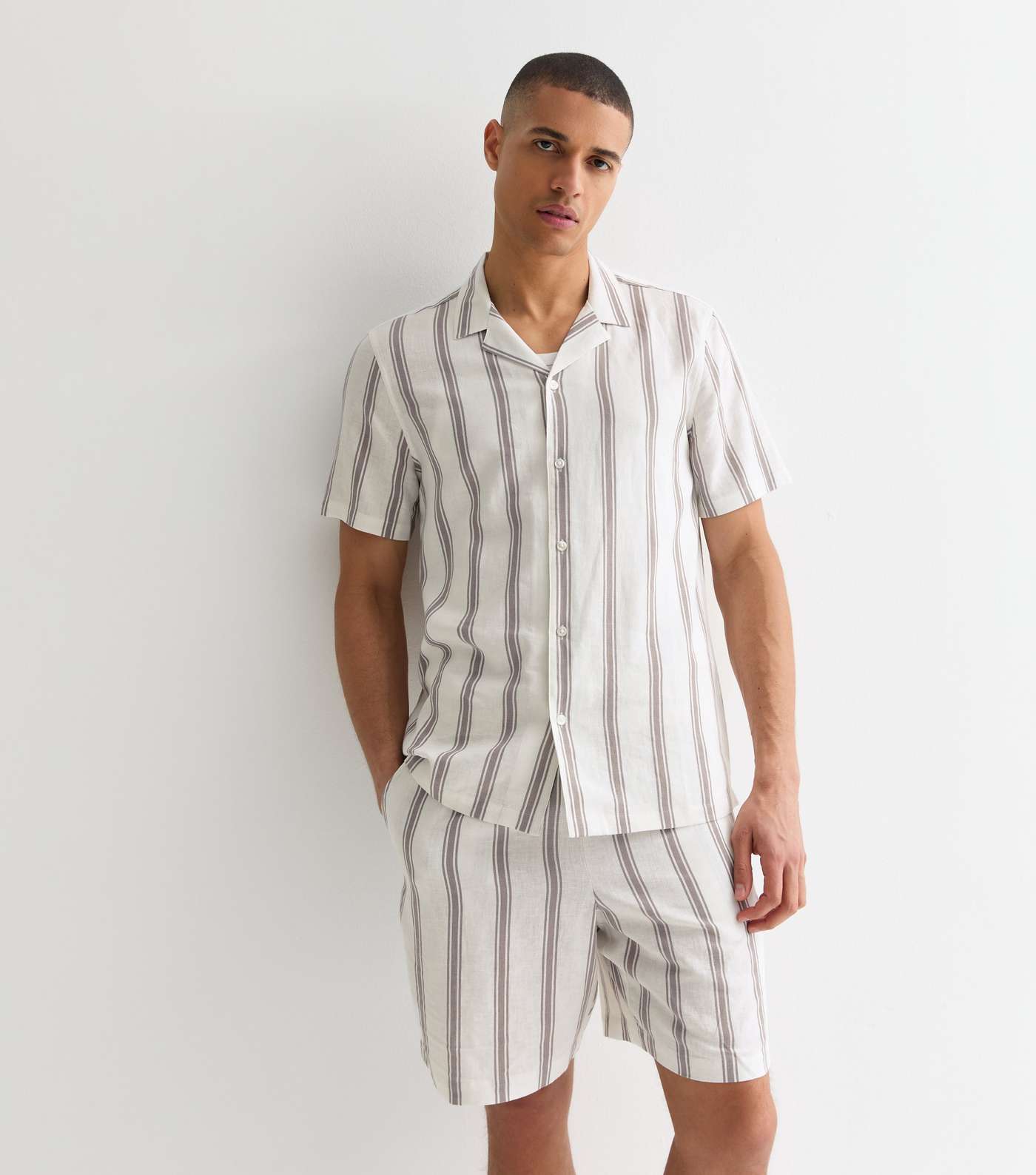 White Linen Blend Stripe Short Sleeve Shirt Image 2