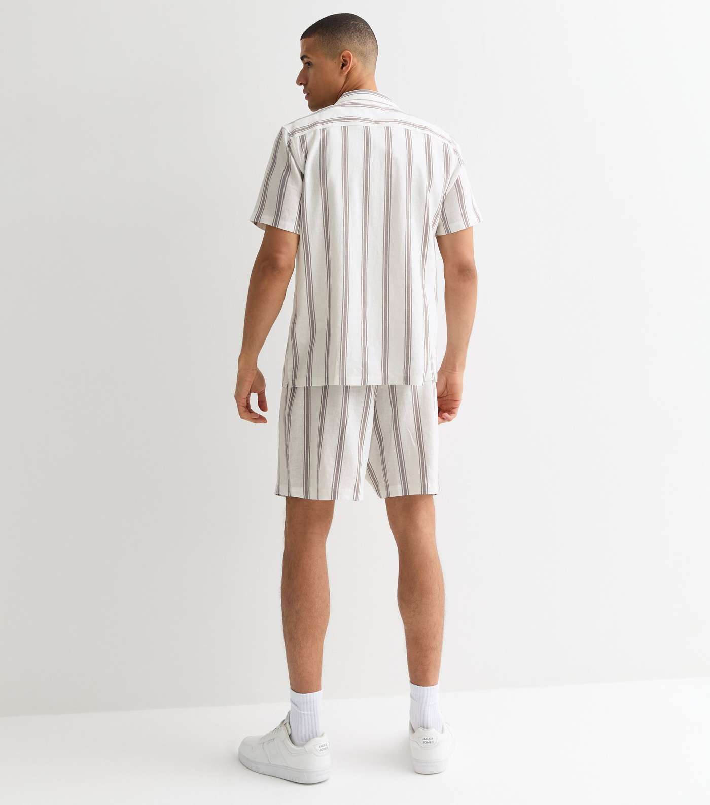 White Linen Blend Stripe Short Sleeve Shirt Image 4