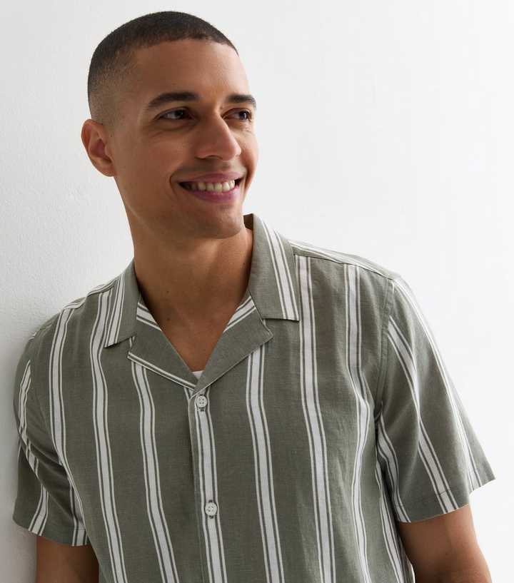 Green Linen Blend Stripe Short Sleeve Shirt
