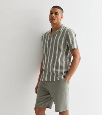 Men's Green Linen Blend Stripe Short Sleeve Shirt New Look