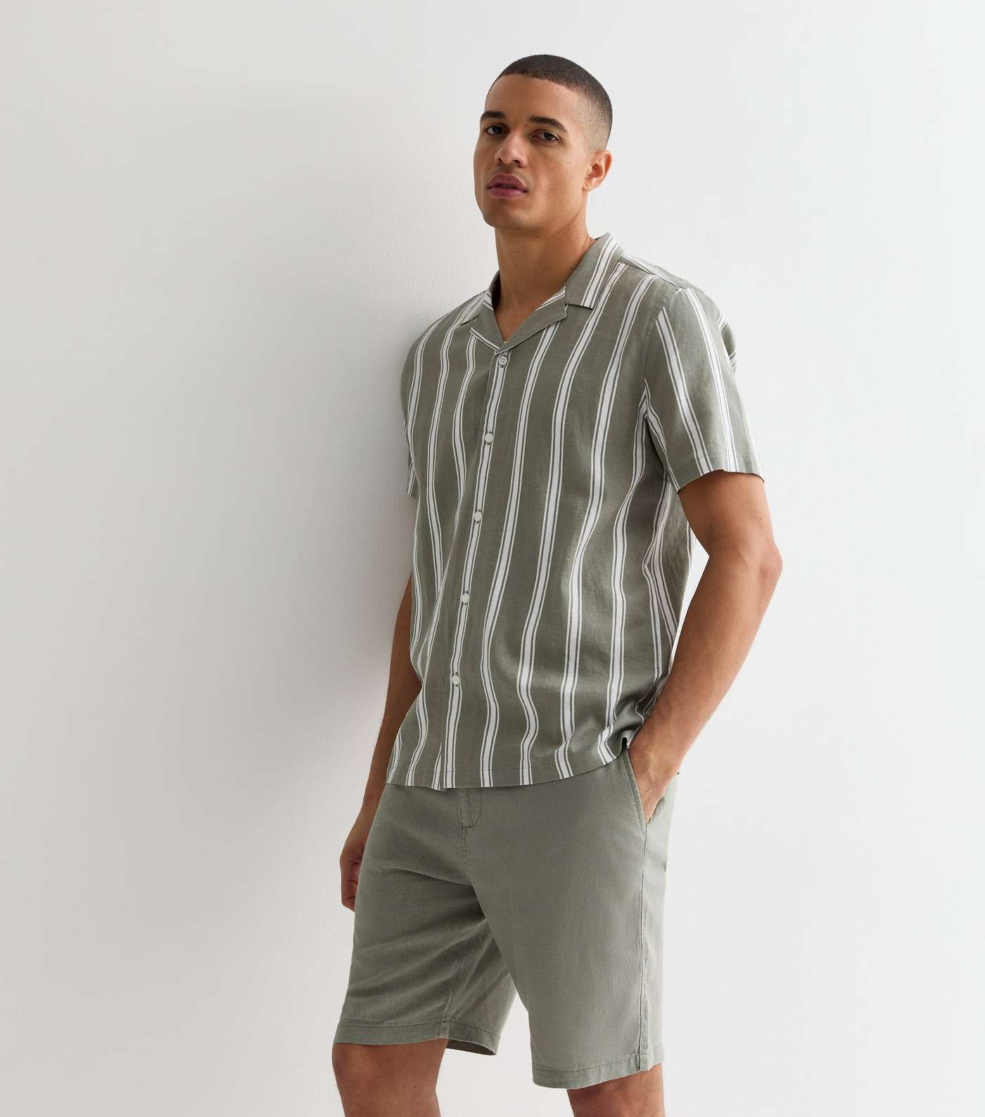 Green Linen Blend Stripe Short Sleeve Shirt Image 2