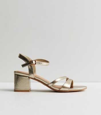 Gold Asymmetric Low Block Heel Sandals