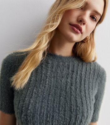 theredthread S fluffy knit tops gray Topshop knit high V-neck