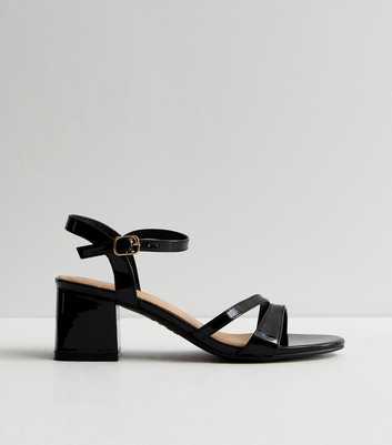 Black Patent Asymmetric Low Block Heel Sandals