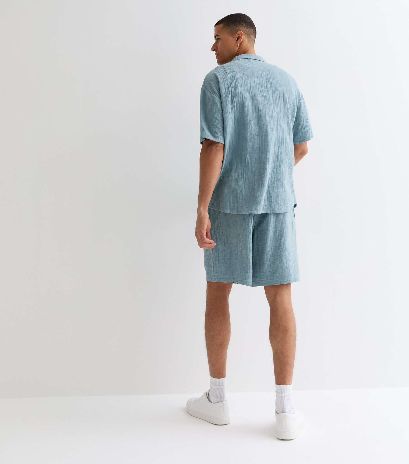 Blue Textured Short Sleeve Oversized Shirt Image 4