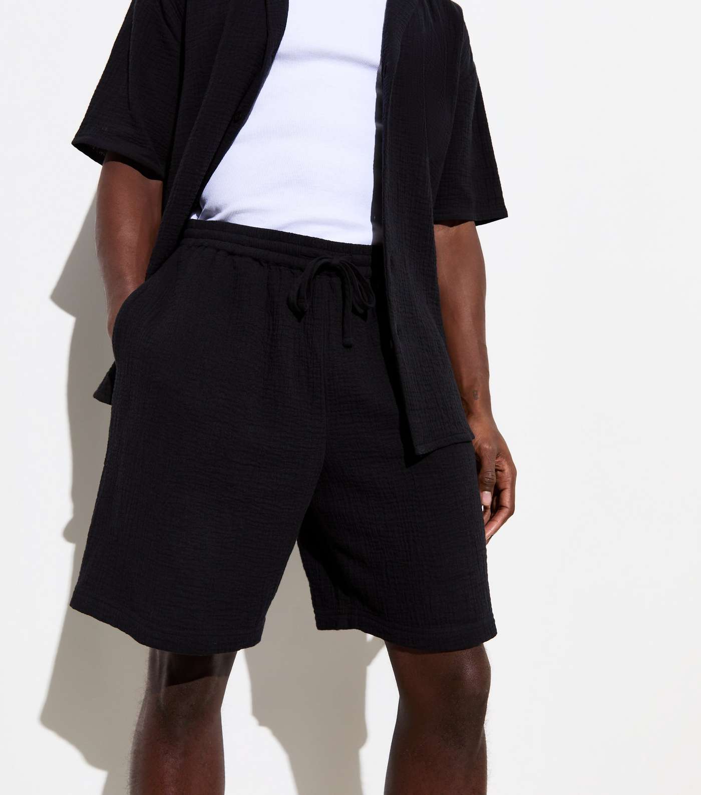 Black Relaxed Fit Textured Cotton Shorts Image 2