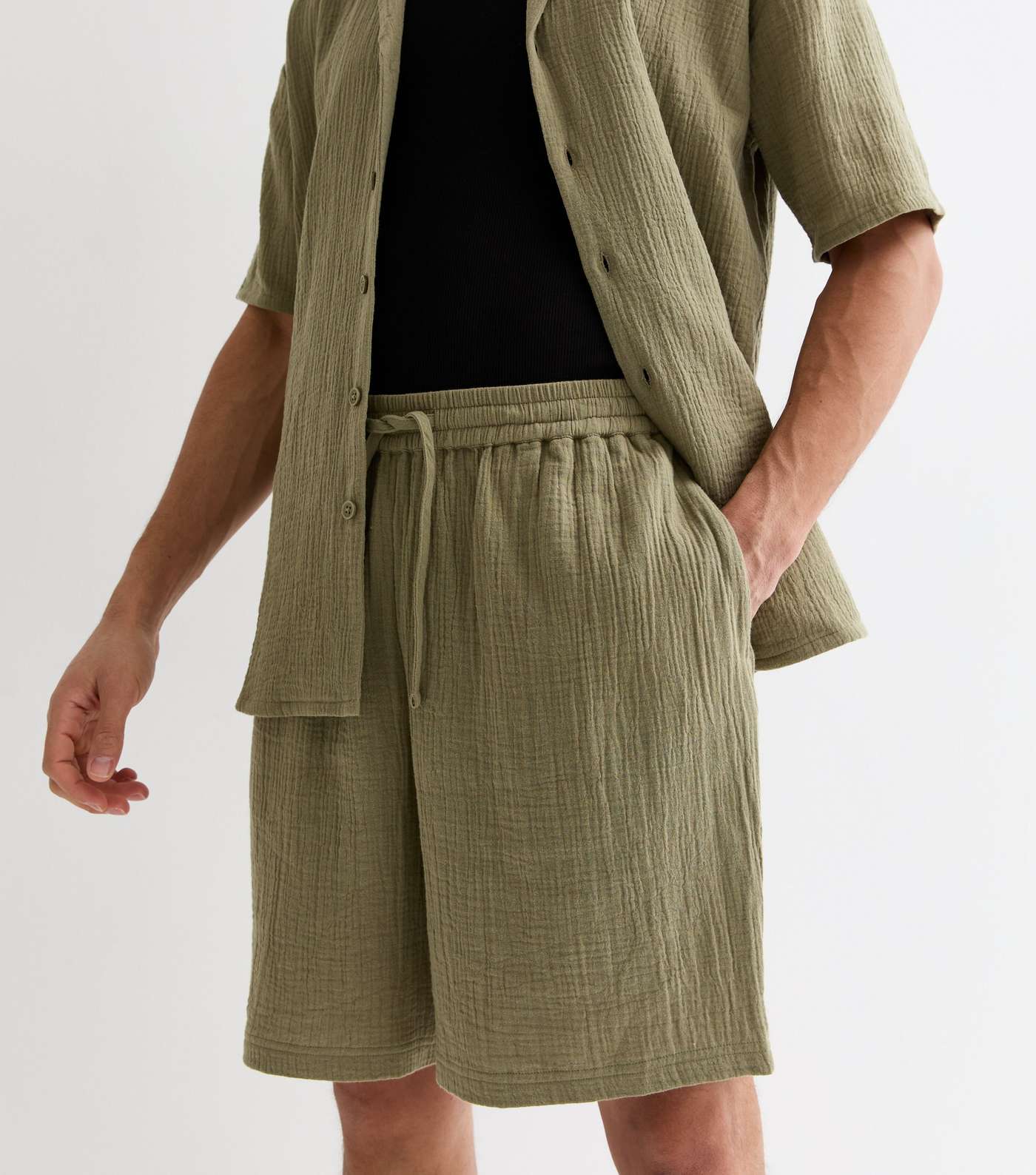 Olive Relaxed Fit Textured Cotton Shorts Image 2