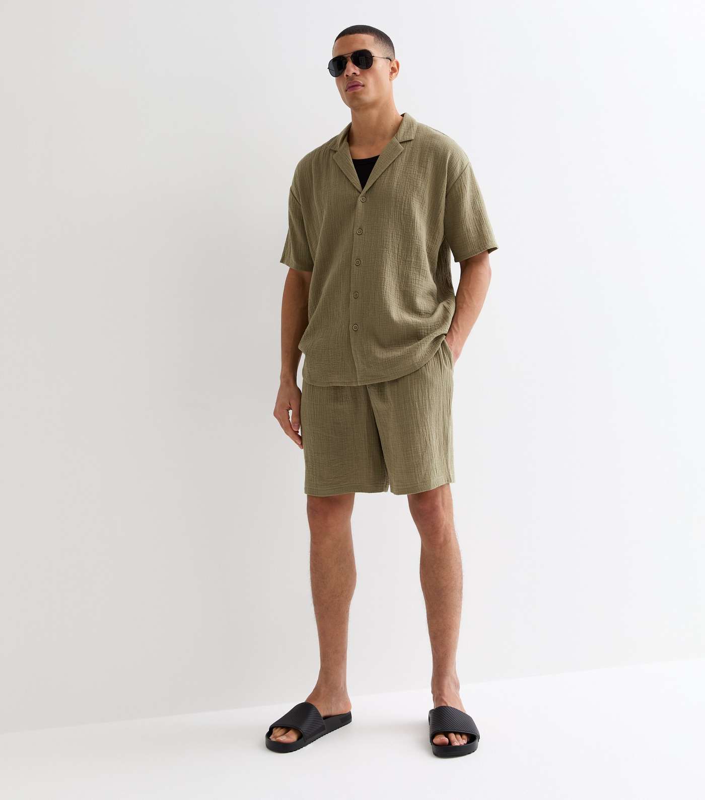 Olive Relaxed Fit Textured Cotton Shorts Image 4