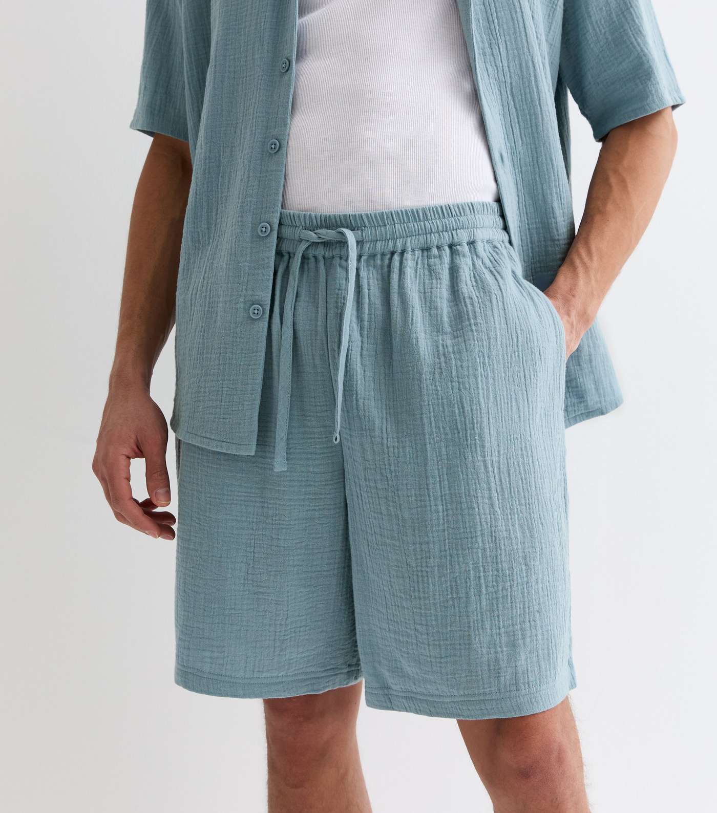 Blue Relaxed Fit Textured Cotton Shorts Image 2