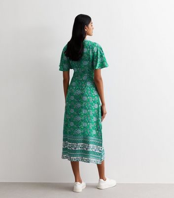 Gini London Green Floral Kimono Wrap Midi Dress New Look