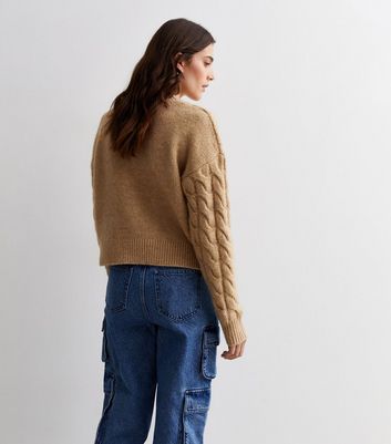 Camel Cable Knit Crew Neck Jumper New Look