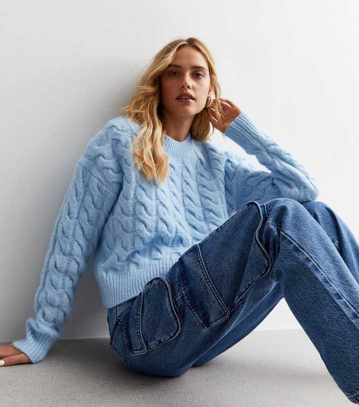 Pale Blue Cable Knit Crew Neck Jumper