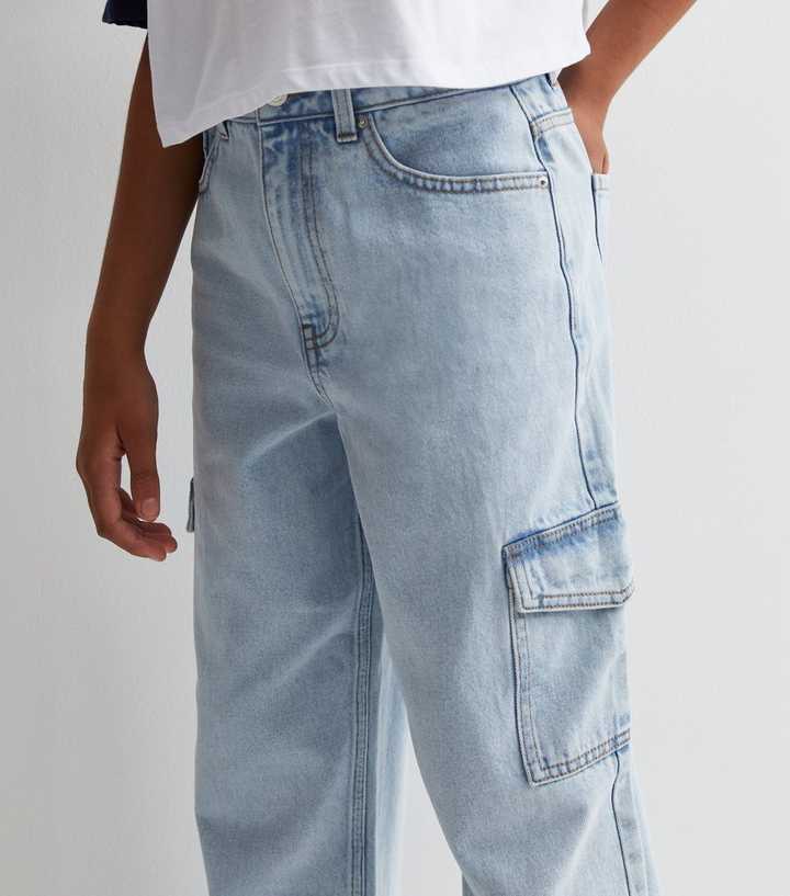 Girls Pale Blue High Waist Wide Leg Cargo Jeans