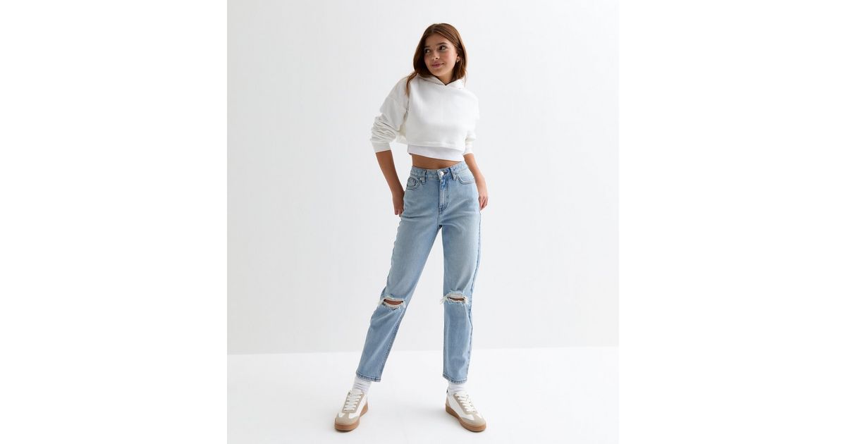 Girls Blue Ripped Tori Mom Jeans New Look