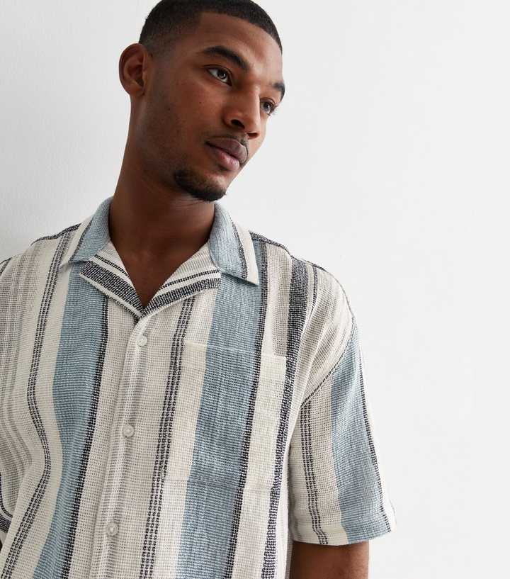 Blue Stripe Textured Cotton Short Sleeve Shirt
